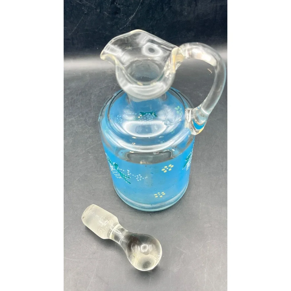 Vtg MCM Blue Frosted Hand Painted Hand Blown‎ Glass Cruet Stopper Berry As Is 7